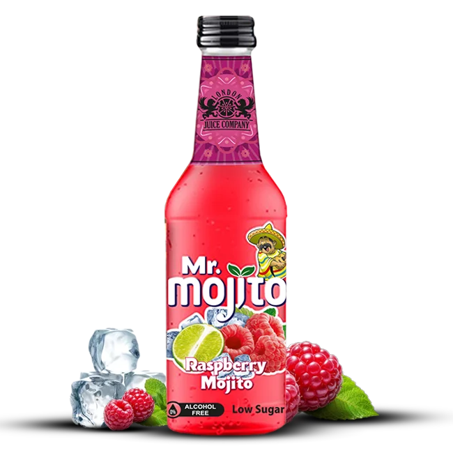 330ml and 275ml bottle of Mr. Mojito Raspberry, featuring the sweet and tart flavour of raspberries mixed with lime and mint.