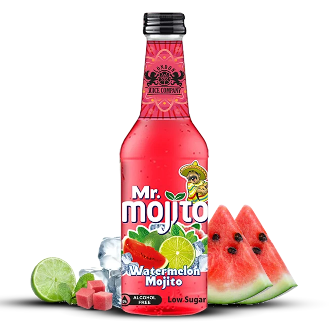 330ml and 275 bottle of Mr. Mojito Watermelon, offering a juicy and refreshing watermelon flavour balanced with mint and lime.