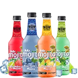 Mr. Mojito Classic Mojito 250ml can, surrounded by splashes of lime and mint with ice cubes for a refreshing and cool drink experience.